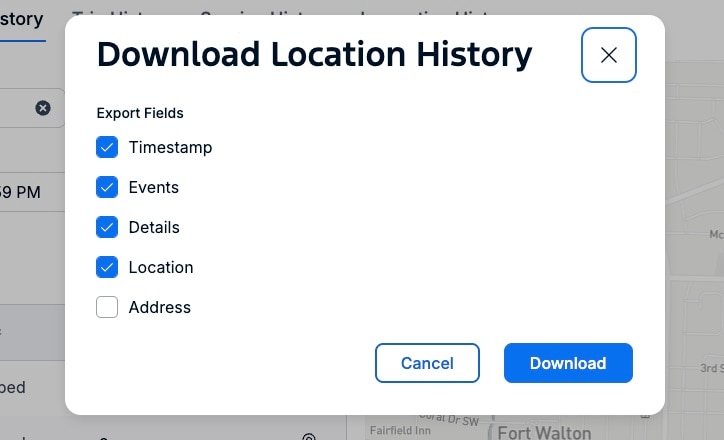 A pop-up window titled “Download Location History” with checkboxes for export fields including Timestamp, Events, Details, Location, and Address. The Address option is shown as an added choice for download.